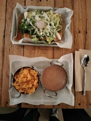 Flautas (2 papas 1 pollo) with rice/beans at Earth Plant Based in Phoenix