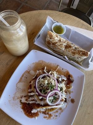 Huevos rancheros-breakfasts burrito and horchata  at Earth Plant Based in Phoenix