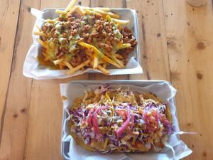 Boss fries, Crazy shrimp tacos USD$11 at Earth Plant Based in Phoenix