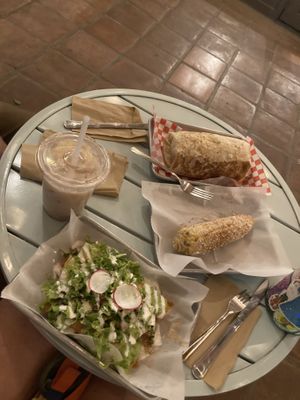 Flautas de pollo, Cali burrito special, Street corn, and horchata   at Earth Plant Based in Phoenix
