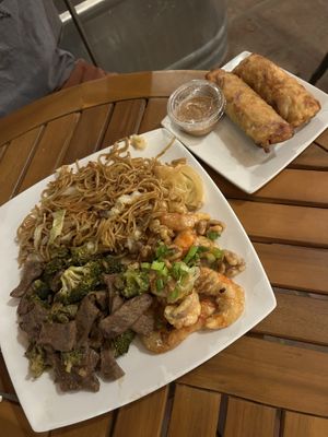 broccoli and “beef”, egg rolls, chow mein, honey walnut “shrimp”   at Earth Plant Based in Phoenix