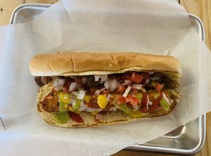 Hot diggity dog (Sonoran dog) at Earth Plant Based in Phoenix