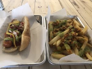 Hot dog and chorizo fries at Earth Plant Based in Phoenix