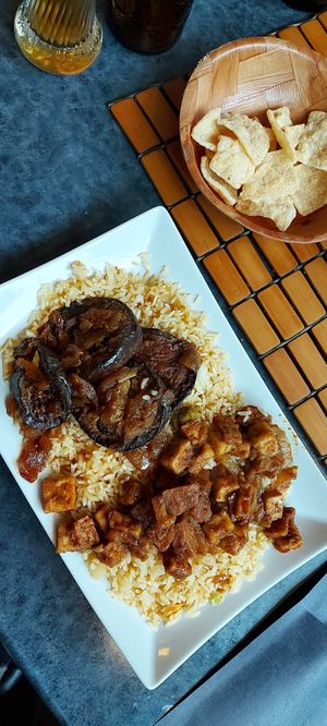 Fried rice (nasi goreng) with eggplant and tempeh-tofu mix at Toko-Patja in Heerlen