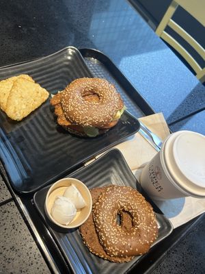 bacon + egg bagel w hasbrowns & americano combo , plain bagel w cream cheese  at Copper Branch - Stanley in Montreal