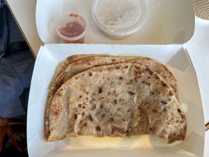 Aloo paratha with sauces   at Chai Walla in Cambridge