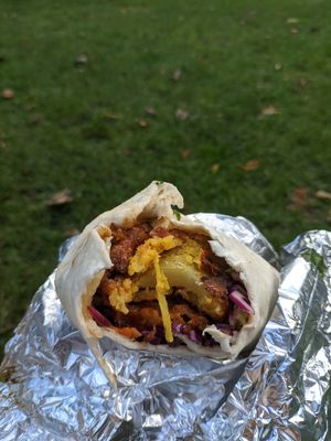 Bhaji wrap, freshly fried, w/ samosa £6 at Chai Walla in Cambridge