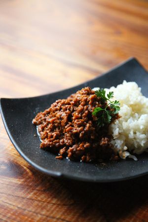 Keema curry made with soy meat and made with original spices. at Marche in Kurashiki