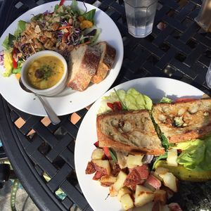 Veggie club, curry soup, and salad at Lighthouse Center Bakery and Cafe in Umpqua
