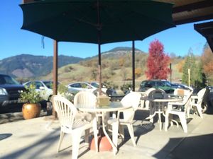 Beautiful outdoor seating area at Lighthouse Center Bakery and Cafe in Umpqua