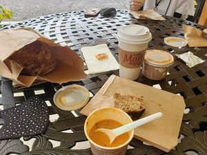 Lunch on the patio - fresh baked bread and homemade vegan soup at Lighthouse Center Bakery and Cafe in Umpqua