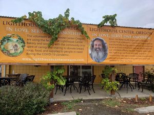 Outside covered patio at Lighthouse Center Bakery and Cafe in Umpqua