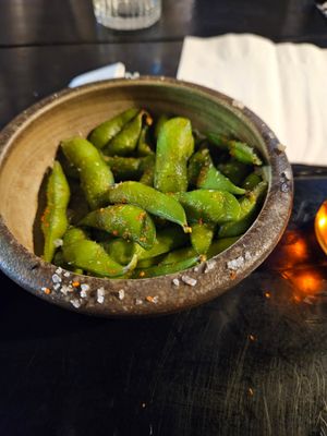 Salty edamame (we added chili flakes on top) at Shio Ramen in Tbilisi