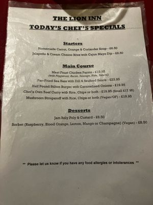 Menu Aug 2025  at The Lion Inn in Blakey