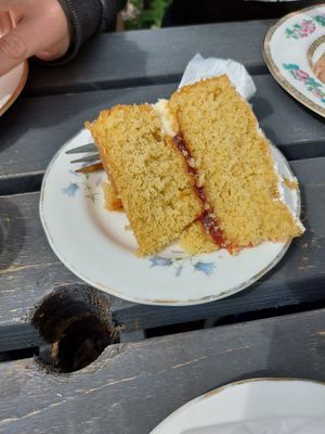 Victoria sponge (non vegan) at Riverside Tea Room in Ironbridge