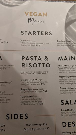 Vegan menu card at Wildwood in Salisbury