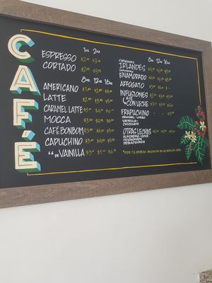 Coffee menu at Pan & Canela Cafe in Panama City