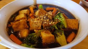 Thai garlic noodles (rad nah) ($16). Tasty, but basically a noodle soup, not rad nah. at Pete's Thai Kitchen in Dubuque