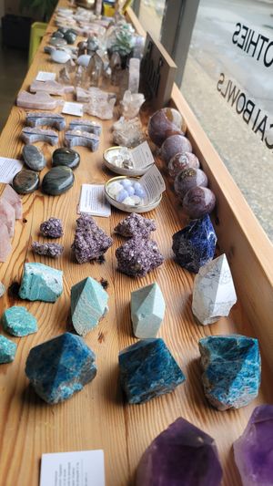 Small crystal shop inside the restaurant at Mindful Juice Bar in Surrey