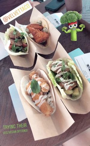 Top 2: vegan falafel and Nashville Hot Tofu. Bottom 2: veg chicken tikka (sub paneer) and falafel  at Velvet Taco in Atlanta