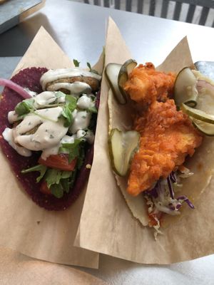 Falafel on hibiscus tortilla and Nashville hot tofu on corn tortilla. at Velvet Taco in Atlanta