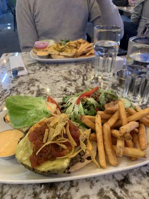 Lentil and mushroom plant burger (I forget the name, it was long) and tofu burger in the background  at Bin 4 Burger Lounge - Maple St in Victoria