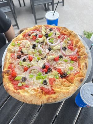 Veggie delight pizza w/ vegan cheese   at Pictured Rocks Pizza in Munising