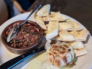 Happy hour focaccia and tappenade #Veganuary at Alibi Room in Seattle