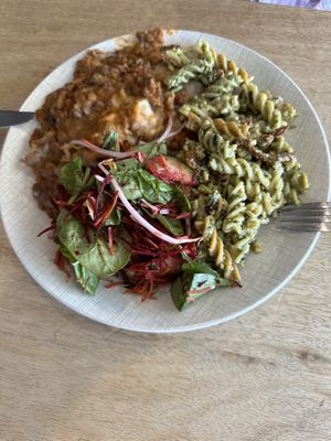 Cabinet showers pie and salad  at Karma Free Cafe in Christchurch