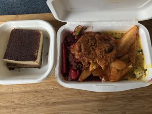 Vegan tiramisu and a mix of the days savoury dishes.  at Karma Free Cafe in Christchurch