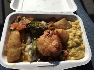 $10 box - yams, curry, roast potatoes, salsa, lentil pie, dahl, cauliflower pakora 😋😋 at Karma Free Cafe in Christchurch