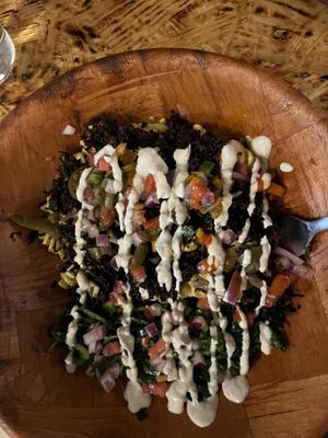 Can’t remember the name, but Mac n cheese, with pulled “pork” made with mushrooms, green pepper, onion, etc. GET THIS! It comes in a wrap or bowl. I loved the bowl   at Plant Base in Jersey City