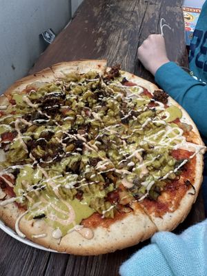 Mac and cheese pizza with oyster mushrooms   at Plant Base in Jersey City