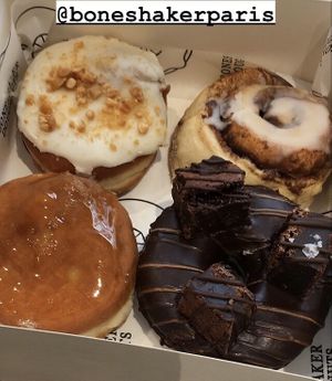 Fluffernutter (peanut butter custard) / cinnamon roll / Pumpkin crème brûlée (pumpkin filling) / Brownie at Boneshaker Doughnuts in Paris