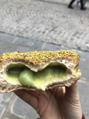 Inside of the pistachio donut   at Boneshaker Doughnuts in Paris