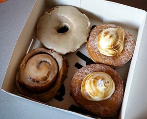 Mae West x2 + Vanilla + Cinnamon Roll at Boneshaker Doughnuts in Paris