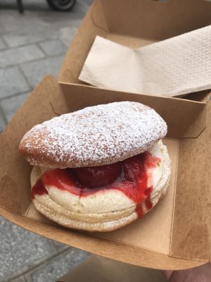 with vanilla cream and strawberry   at Boneshaker Doughnuts in Paris