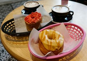 Carame/Gochujang and Pink Veignet + Hojicha Latte at Boneshaker Doughnuts in Paris