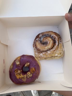 Donut of the month and cinnamon roll  at Boneshaker Doughnuts in Paris
