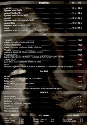 English menu as of Sept 2021   at Sham Falafel in Krakow