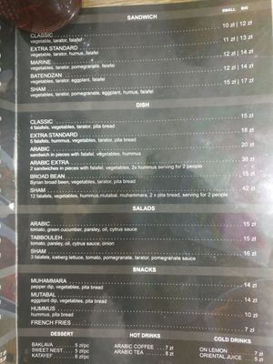 Menu at Sham Falafel in Krakow