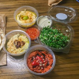 Sides and dips selection  at Sham Falafel in Krakow