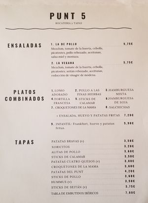 Menu Page 1 (v for Vegetarian) at Cafeteria Punt 5 in Figueres