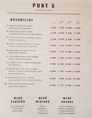 Menu Page 2 (v for Vegetarian) at Cafeteria Punt 5 in Figueres