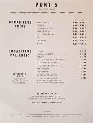 Menu Page 3 (v for Vegetarian) at Cafeteria Punt 5 in Figueres