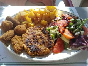 Plat combinat. Hamburguesa de soja casolana, croquetes de bolets casolanes, amanida i patates at Cafeteria Punt 5 in Figueres