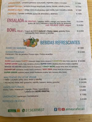Menu  at Alma y Café in Cali