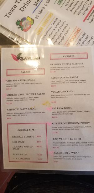 Menu at Nola Vegan in New Orleans