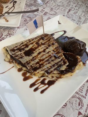 Crêpe with chocolate syrup and ice cream  at Volare in Gandia