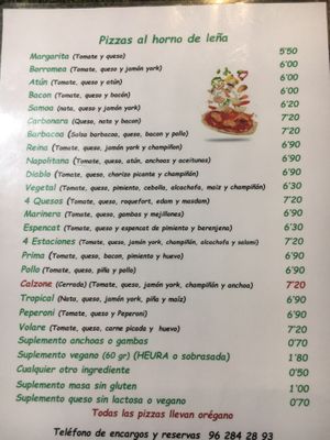 Pizzas that can be veganized. We got the espencat. at Volare in Gandia